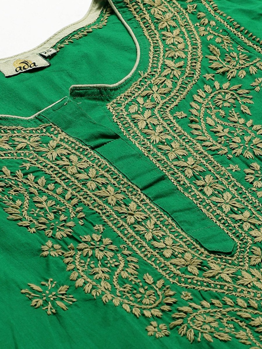 ADA Women Green & Beige Chikankari Embroidered Sustainable Handloom Kurta with Churidar | Swadesiicart