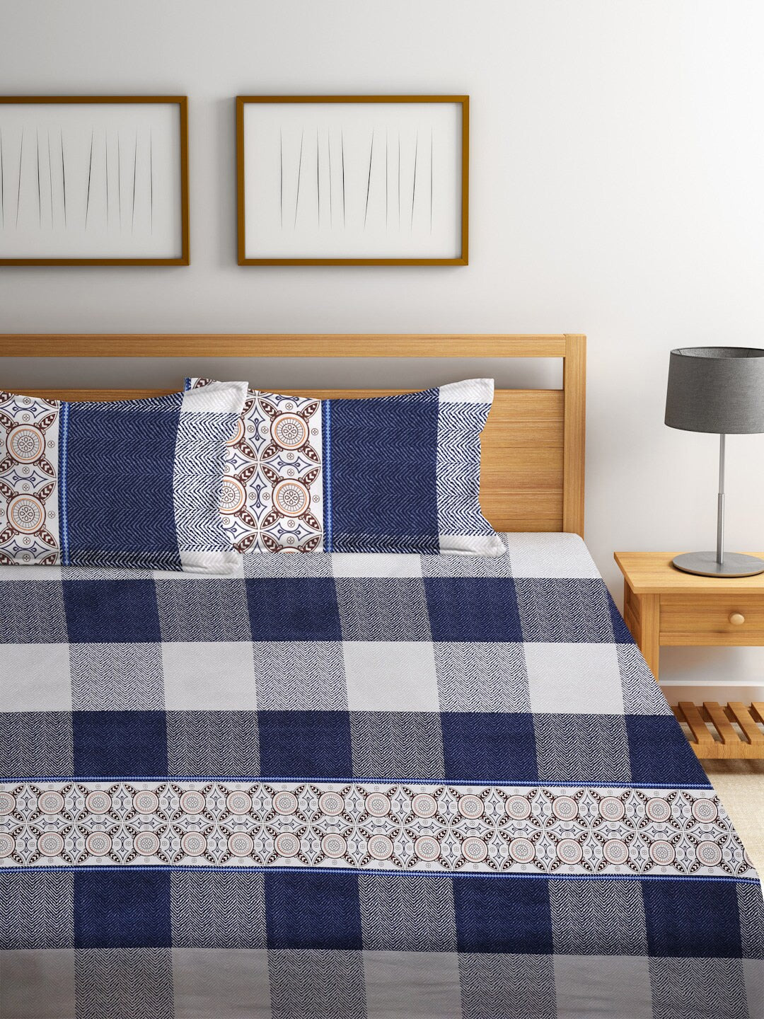 Home Sizzler Blue & White 210 TC Queen Geometric Cotton Bedsheet with 2 Pillow Covers - Swadesiicart