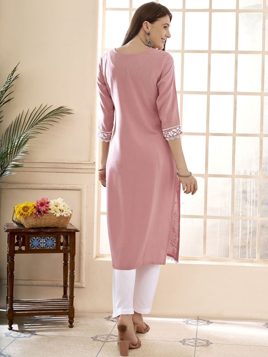 Anouk Floral Embroidered Round Neck Chikankari Straight Kurta | Swadesiicart