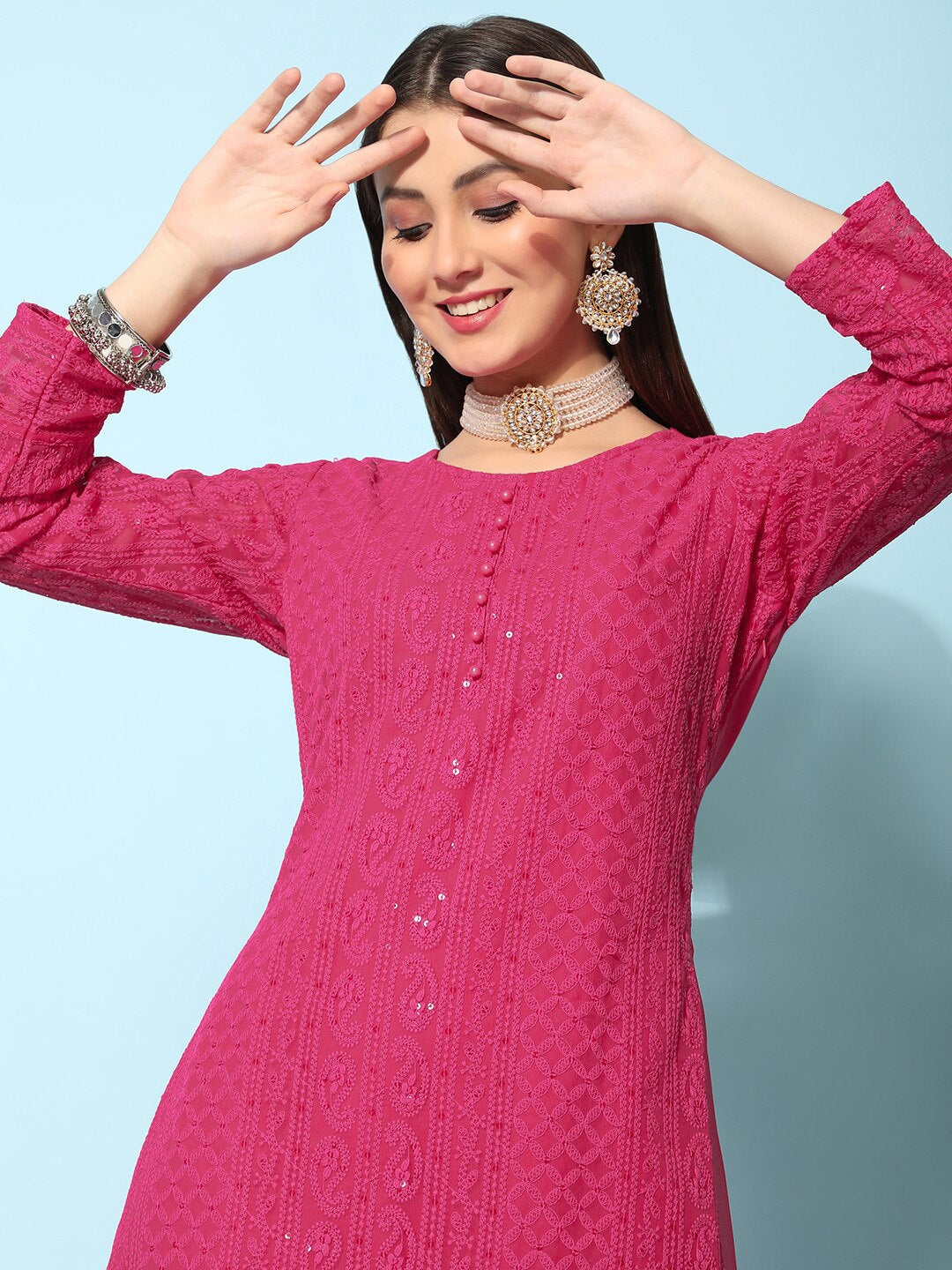 Kalini Ethnic Motifs Embroidered Chikankari Georgette Kurta | Swadesiicart
