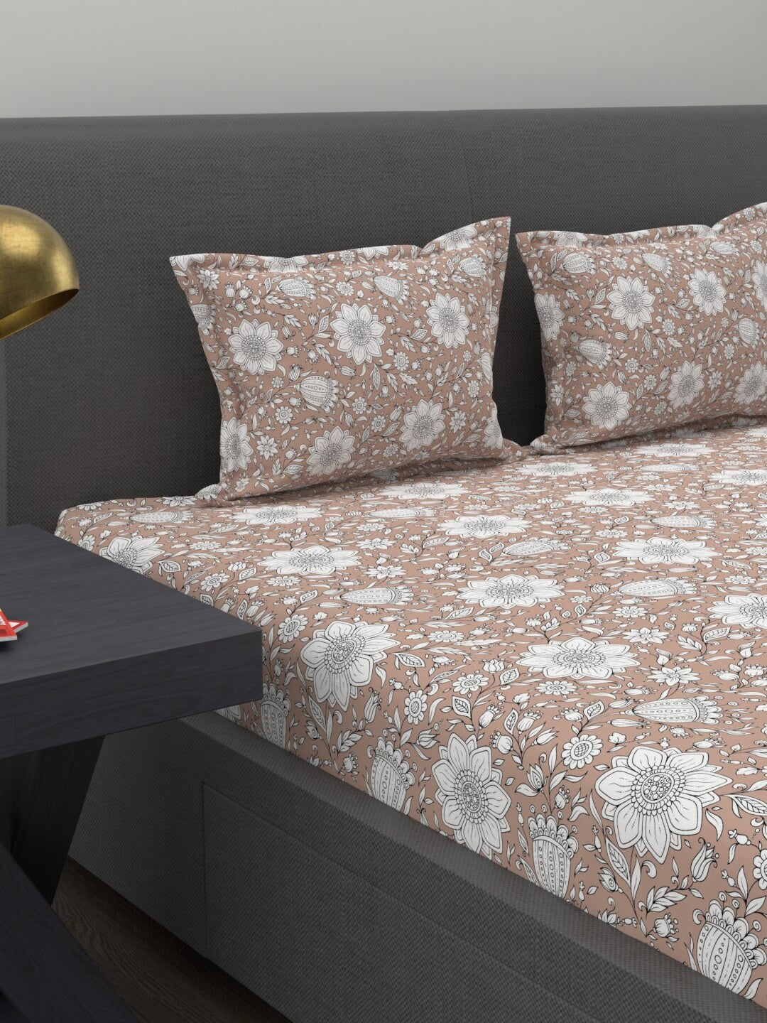 MYTRIDENT Brown White Ethnic Motifs 200 TC Cotton 1 King Bedsheet with 2 Pillow Covers - Swadesiicart