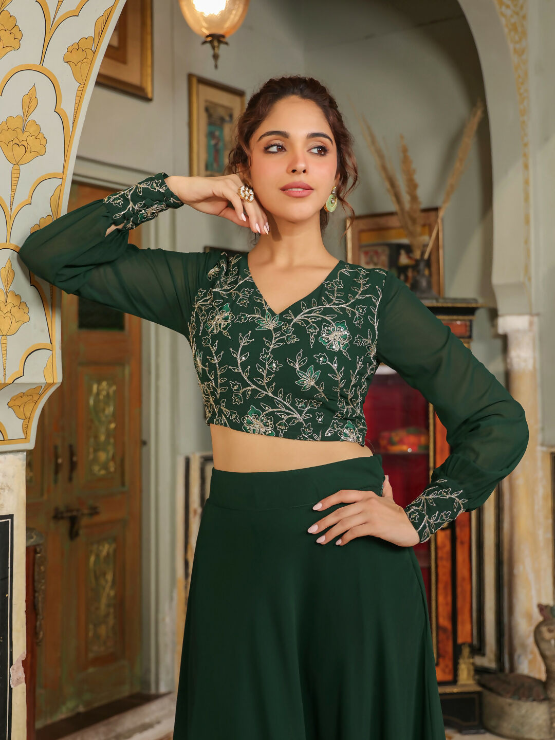 Janasya Dark Green Georgette Embroidered Top & Skirt | Swadesiicart