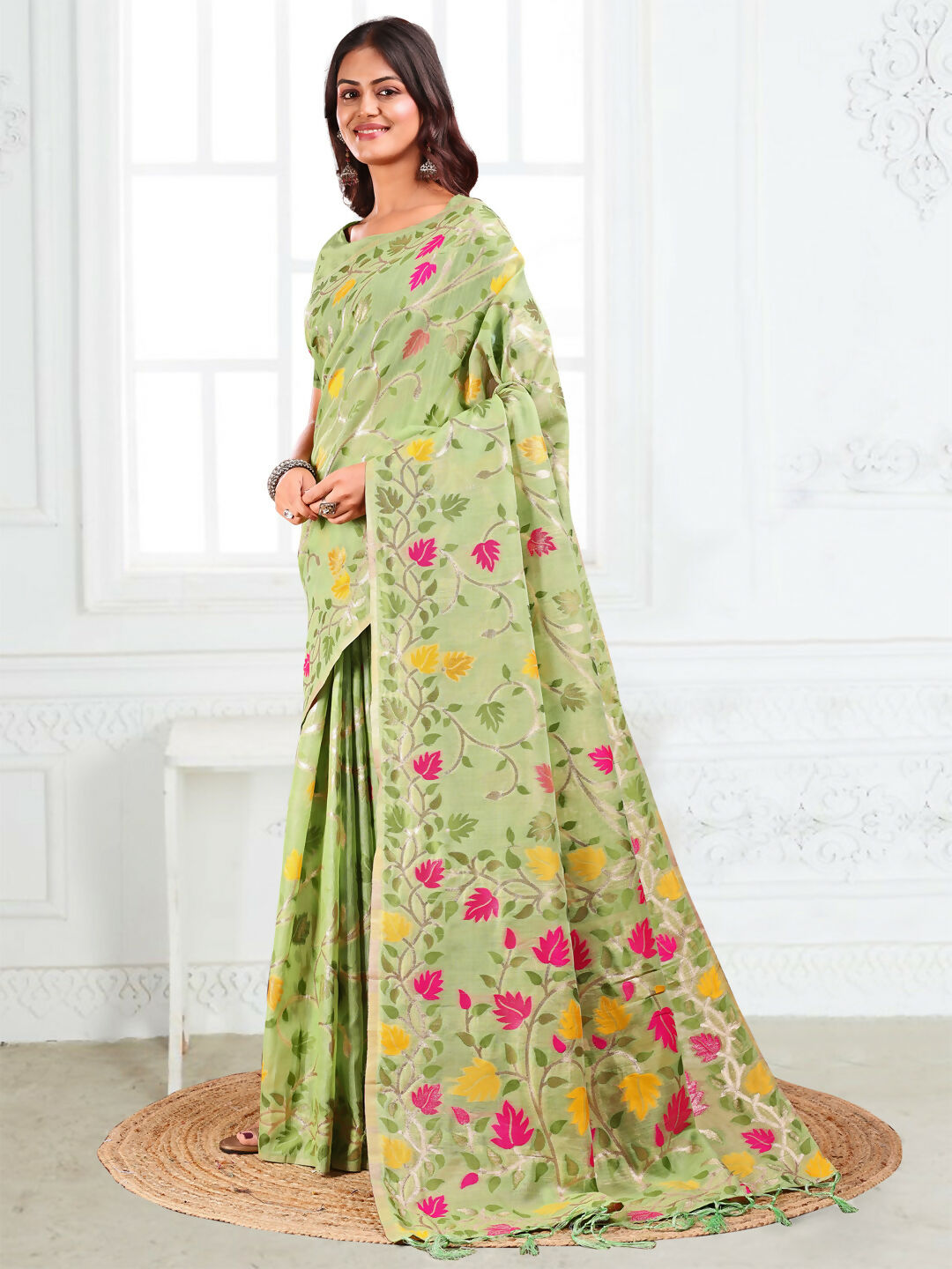 Shree Shyam Fashion Linen Cotton Light Green Saree