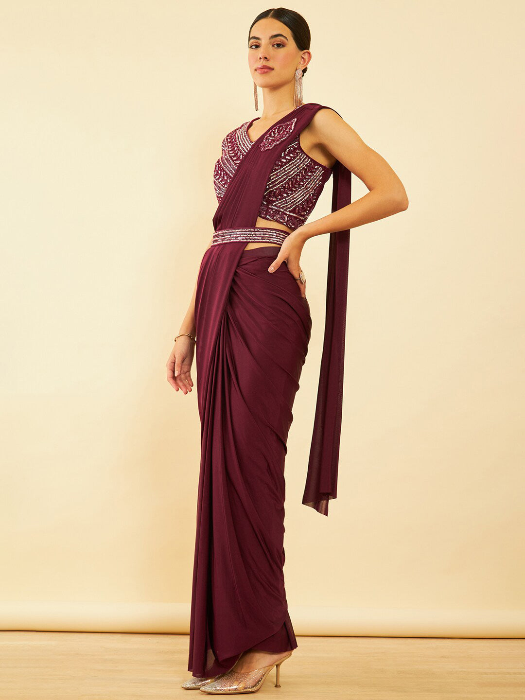 Soch Maroon Beads and Stones Ready to Wear Saree | Swadesiicart