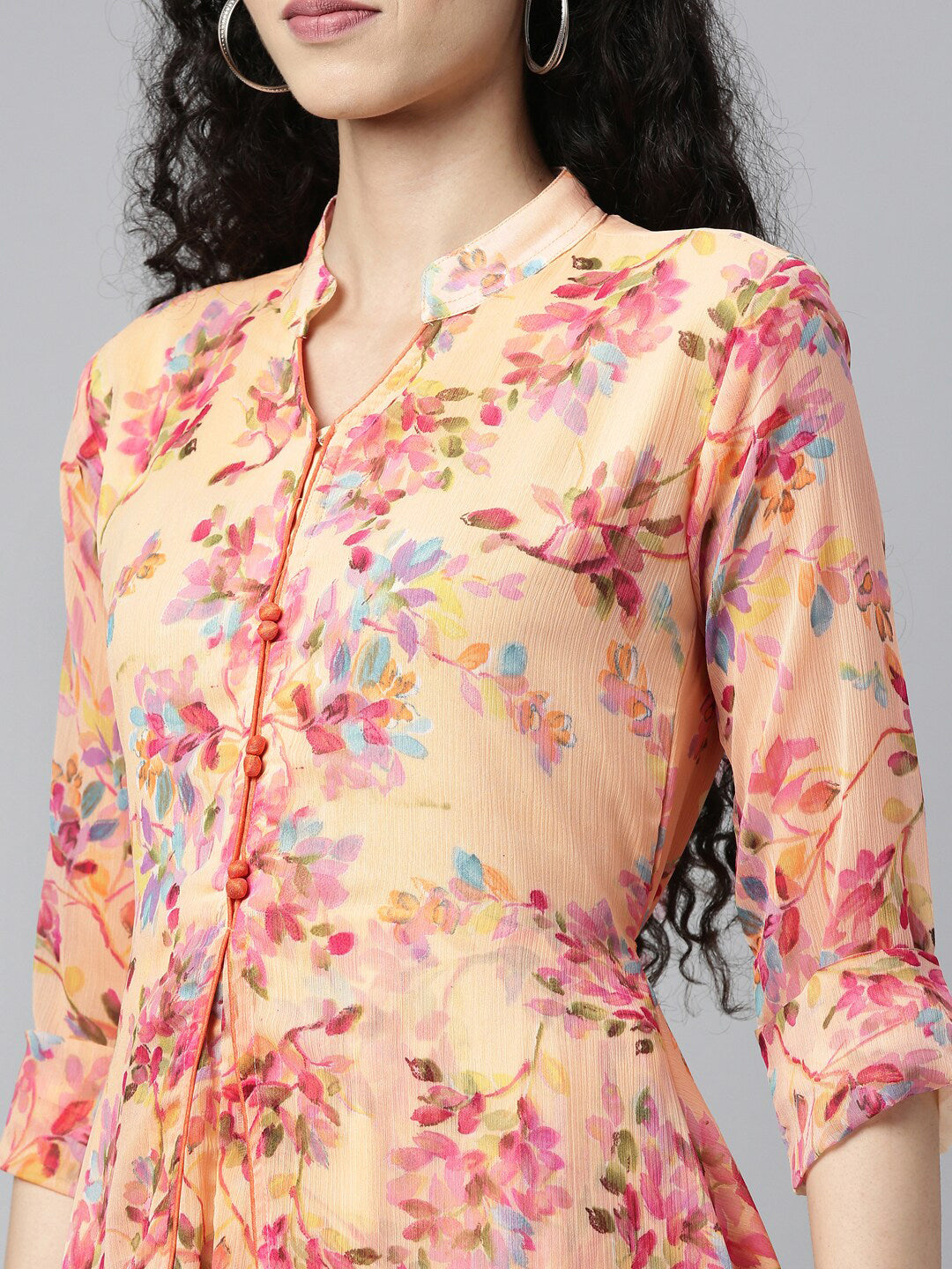 Souchii Peach-Coloured Floral Layered Chiffon Beautiful A-Line Midi Dress - Swadesiicart