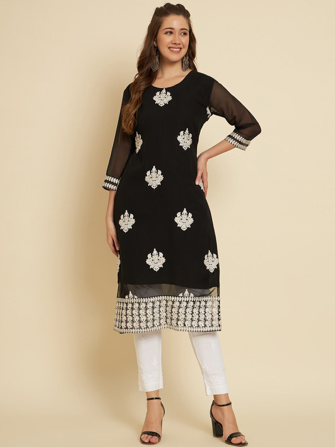 HERE&NOW Black & White Ethnic Motifs Chikankari Embroidered Georgette Kurta | Swadesiicart