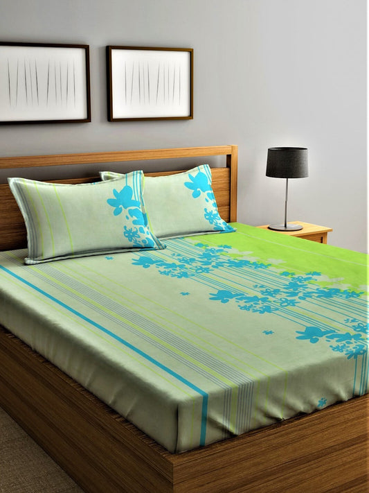 Home Sizzler Green & Blue Floral Cotton 210 TC Queen Bedsheet with 2 Pillow Covers - Swadesiicart
