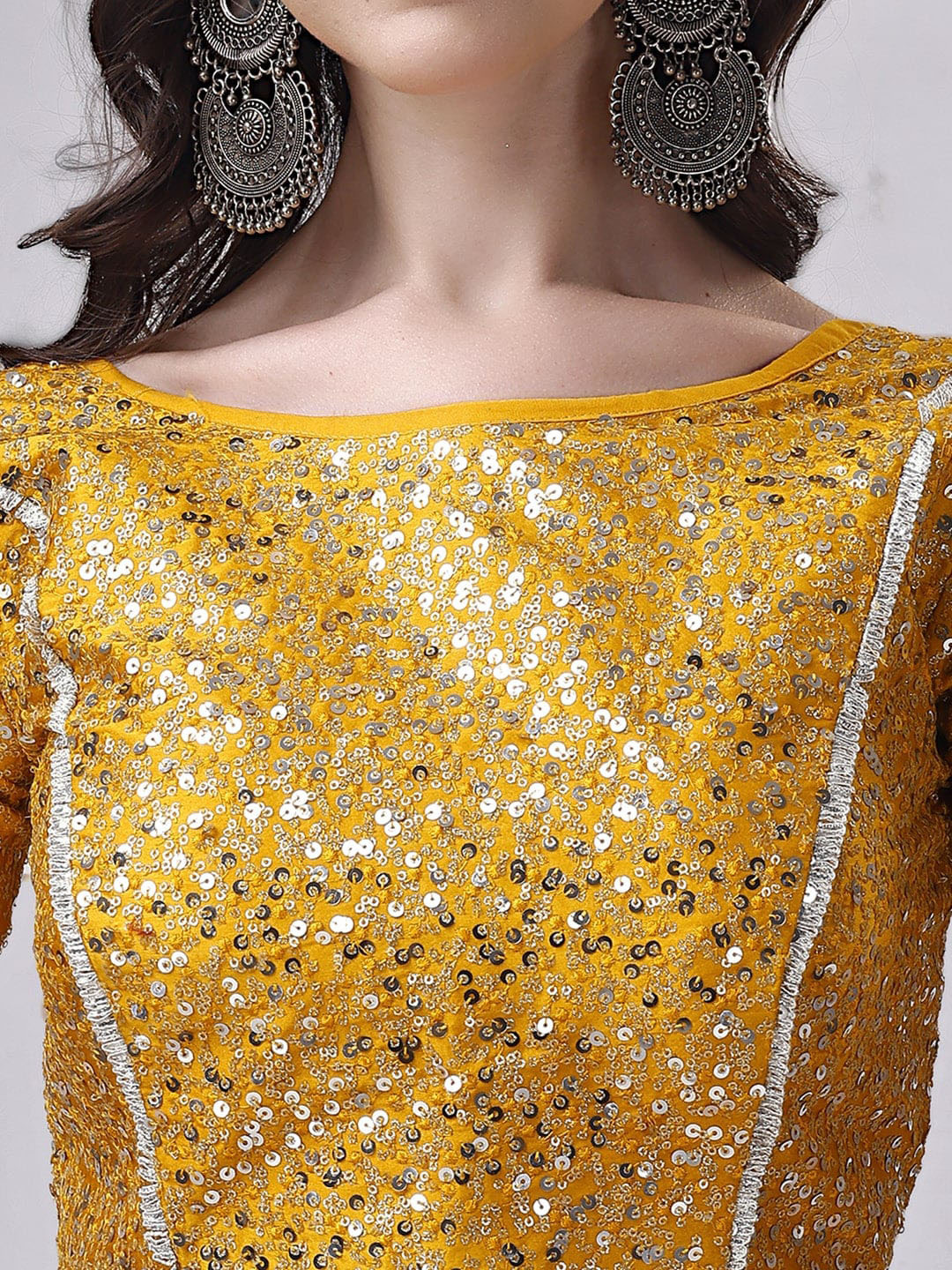 Tikhi Imli Yellow Embellished Boat Neck Sequinned Detailed Saree Blouse | Swadesiicart