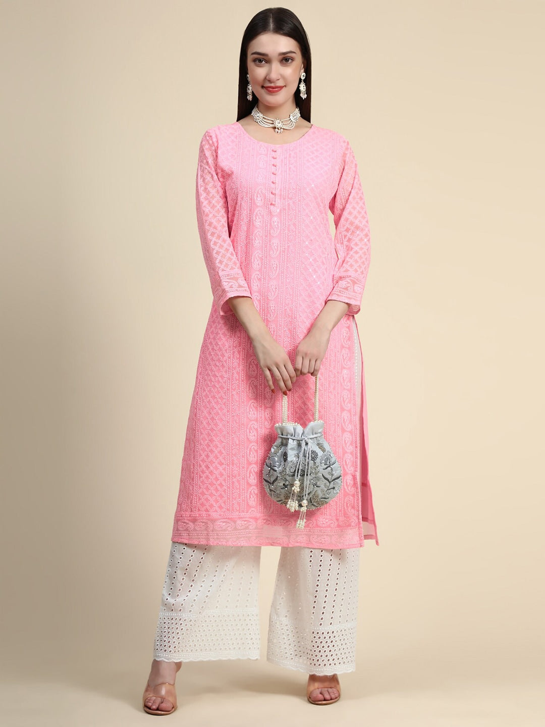 Kalini Paisley Embroidered Chikankari Straight Georgette Kurta | Swadesiicart