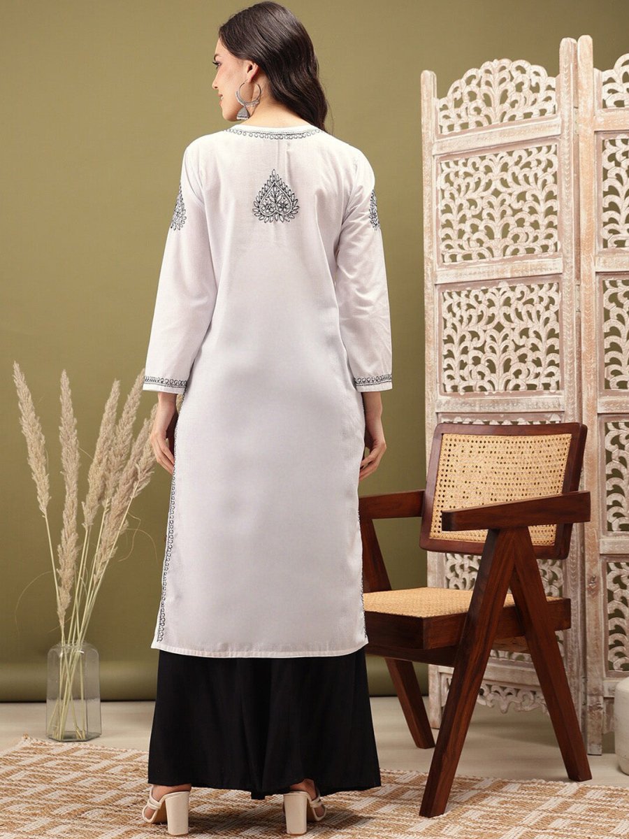 ADA Ethnic Motifs Embroidered Notch Neck Cotton Chikankari Straight Kurta | Swadesiicart