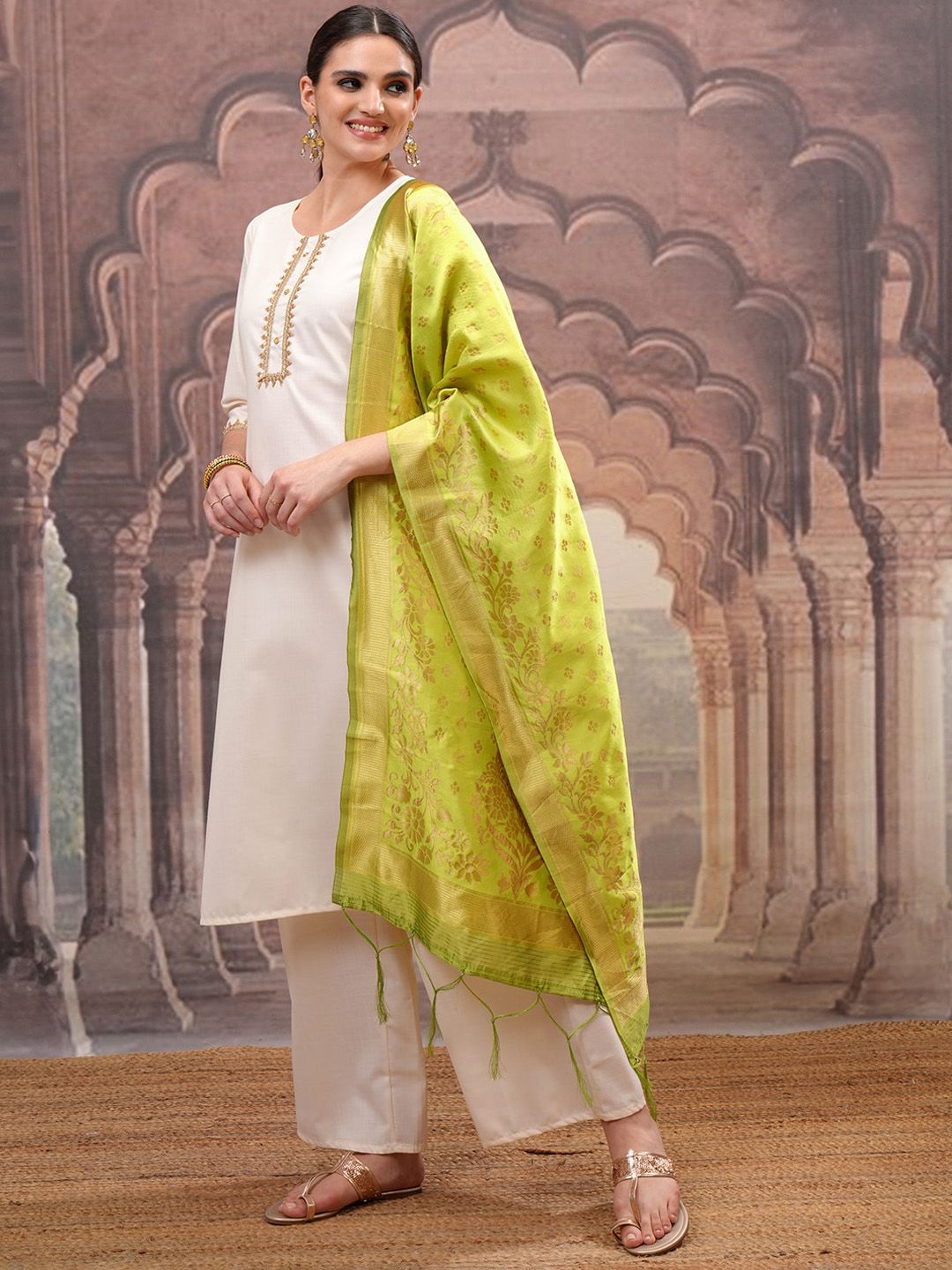 Vishudh Cream Embroidered Straight Kurta with Palazzo & Dupatta - Swadesiicart