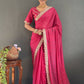 Vastranavya Pink Georgette Silk Swarovski & Heavy Lace Work Ready to Wear Saree | Swadesiicart