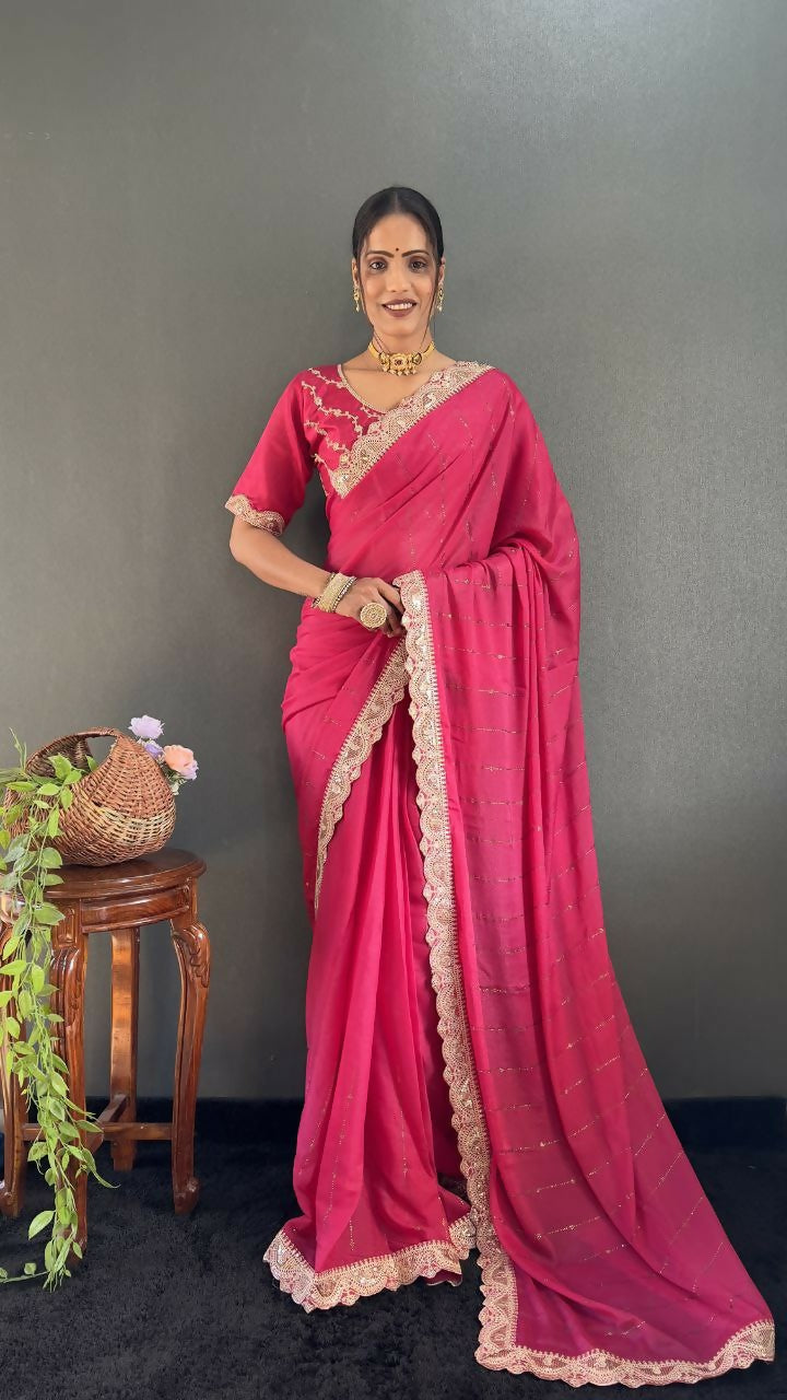 Vastranavya Pink Georgette Silk Swarovski & Heavy Lace Work Ready to Wear Saree | Swadesiicart