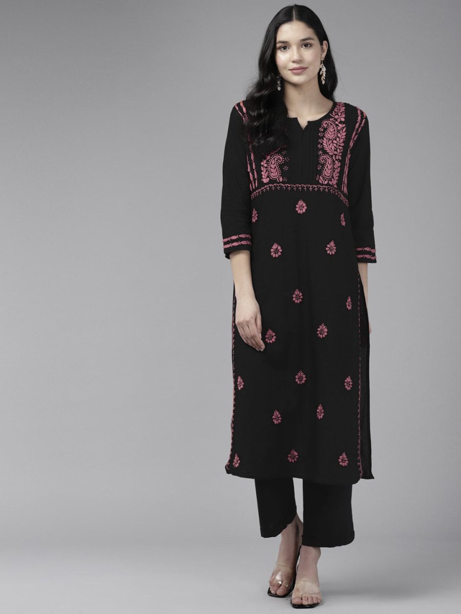 ADA Ethnic Motifs Embroidered Round Neck Chikankari Cotton Kurta | Swadesiicart