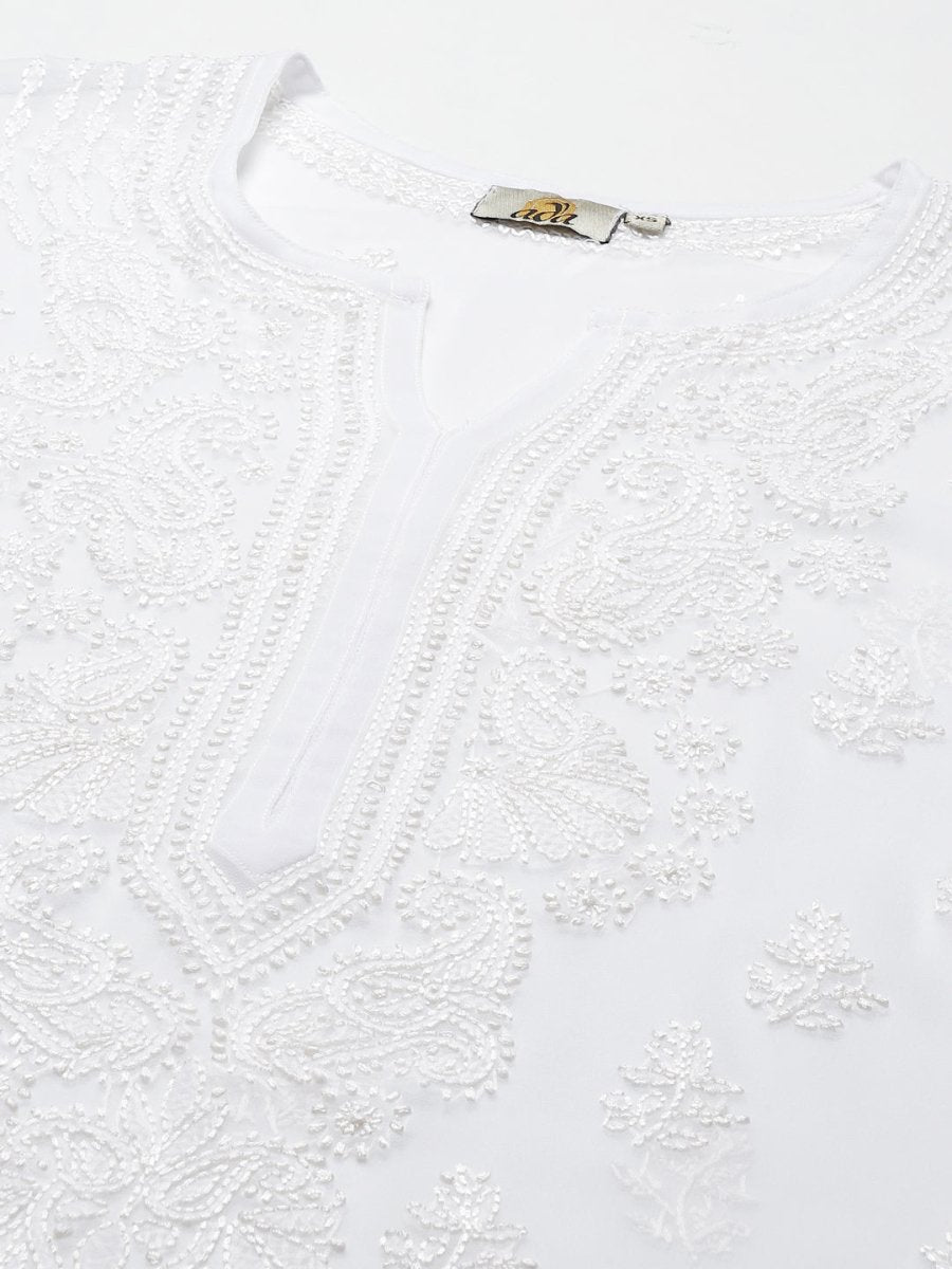 ADA Women White Ethnic Motifs Embroidered Regular Chikankari Handloom Kurta with Trousers | Swadesiicart