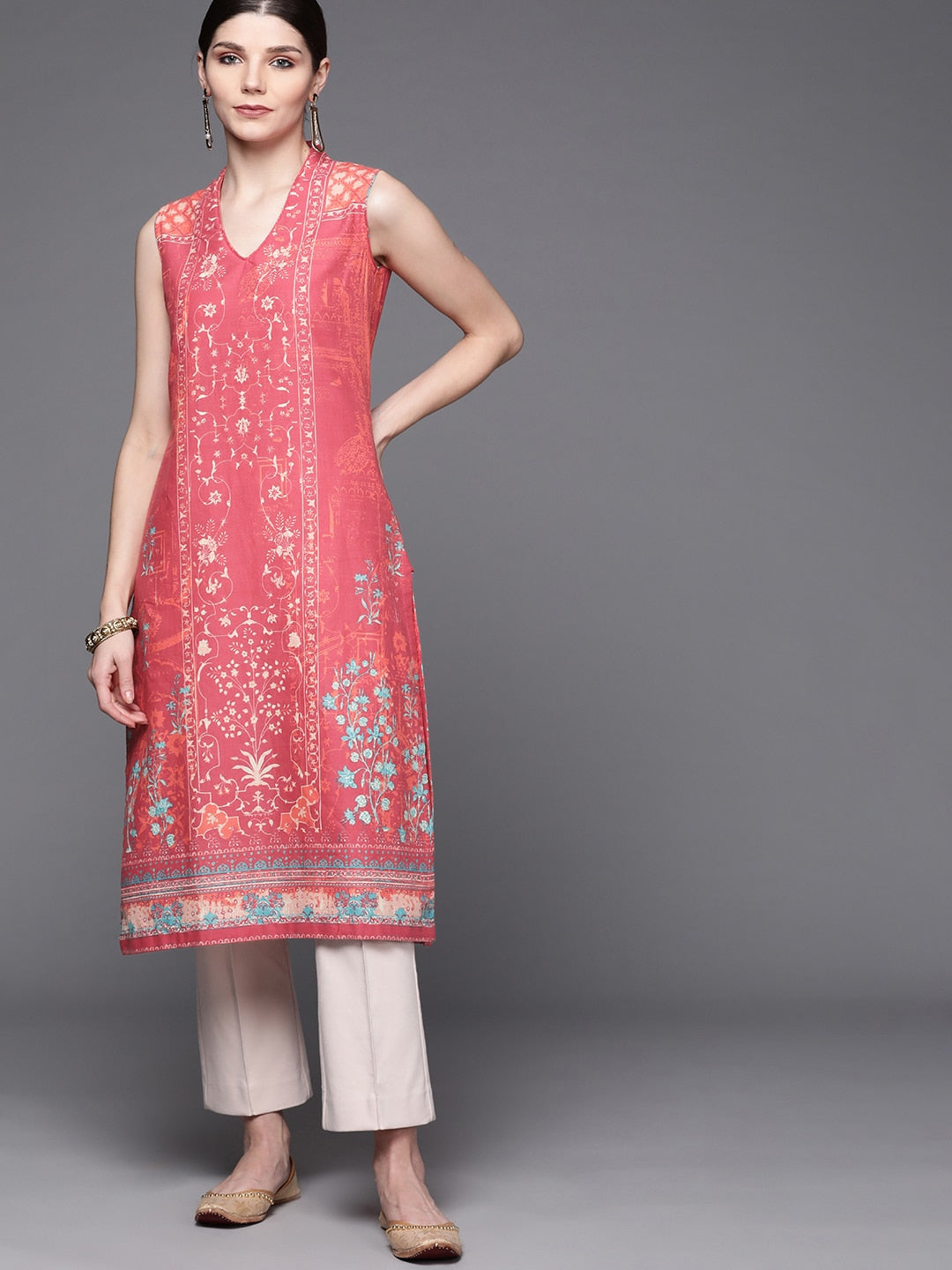 Biba Women Pink Pure Cotton Ethnic Motifs Printed V-Neck Sleeveless Kurta - Swadesiicart