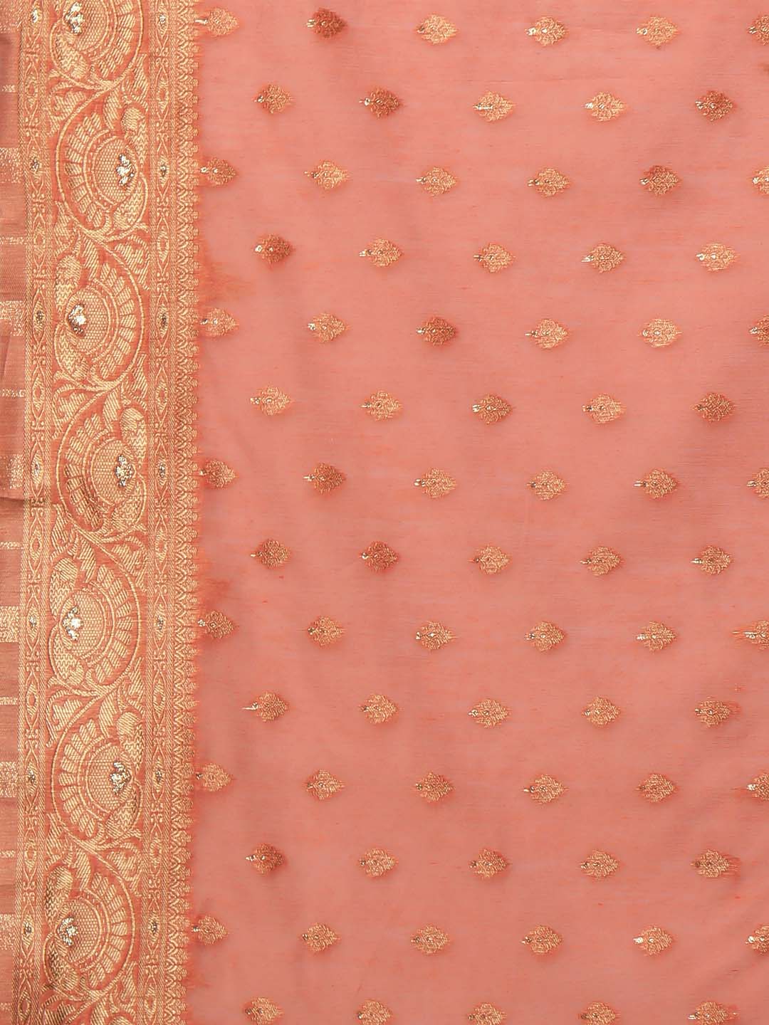 Mitera Peach-Coloured & Gold Floral Woven Design Silk Blend Banarasi Saree | Swadesiicart