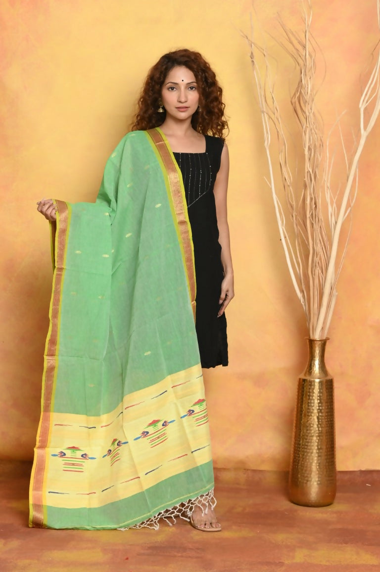 Very Much Indian Handloom Pure Cotton Paithani Dupatta - Green | Swadesiicart