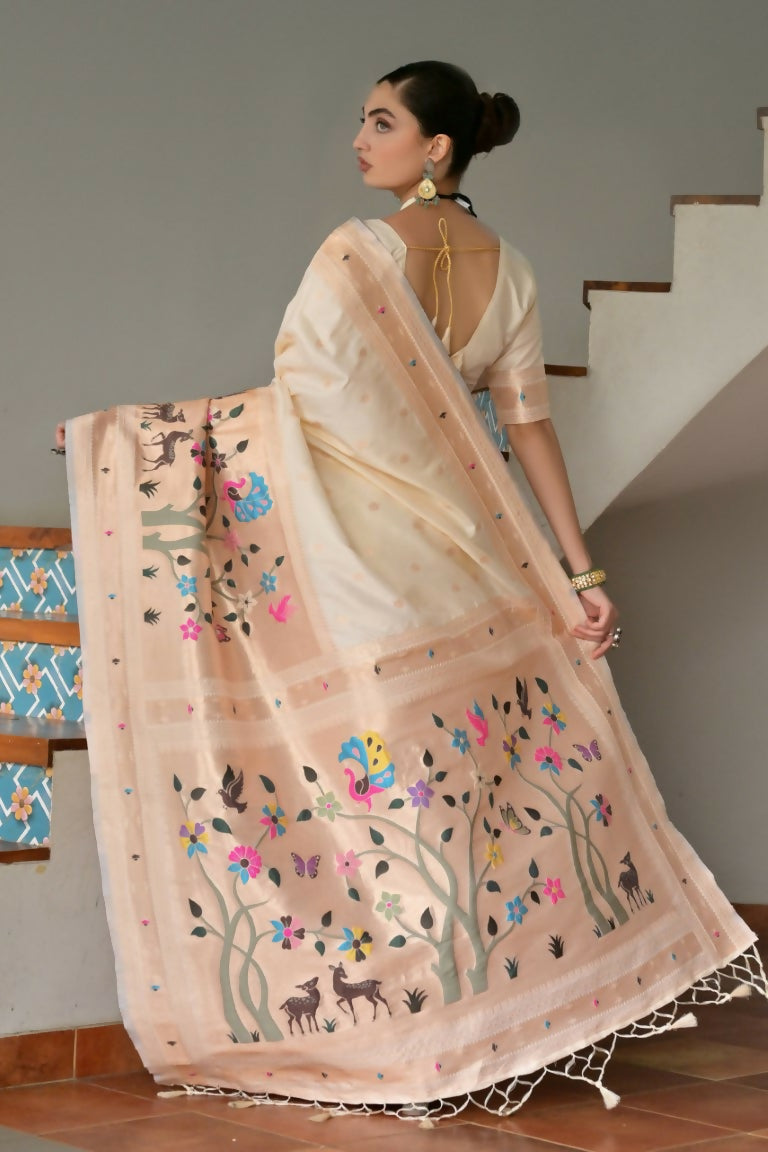 Vishnu Weaves Women's Cream Paithani Silk Zari Woven Saree with Blouse - Swadesiicart