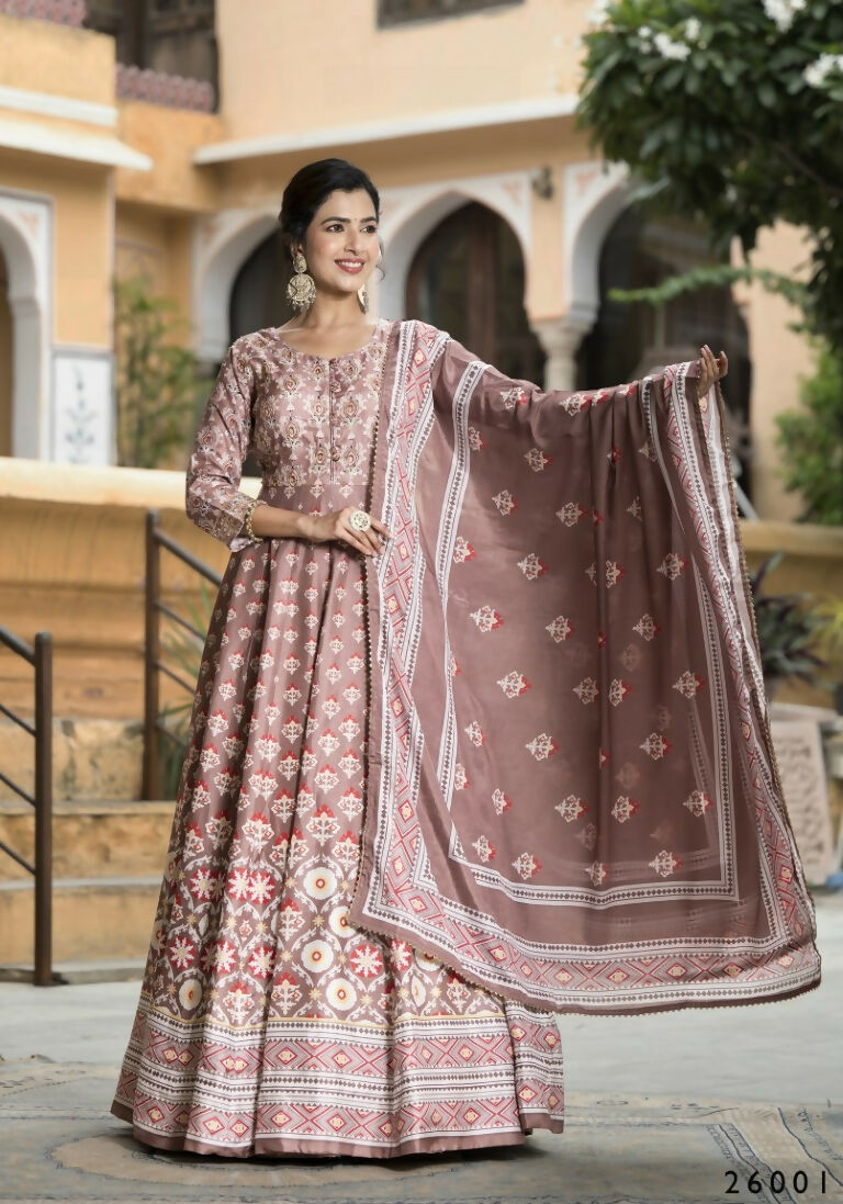 Wedding Designer PaleMauve Soft Dola Silk Anarkali suit with Dupatta - Samanta - Swadesiicart