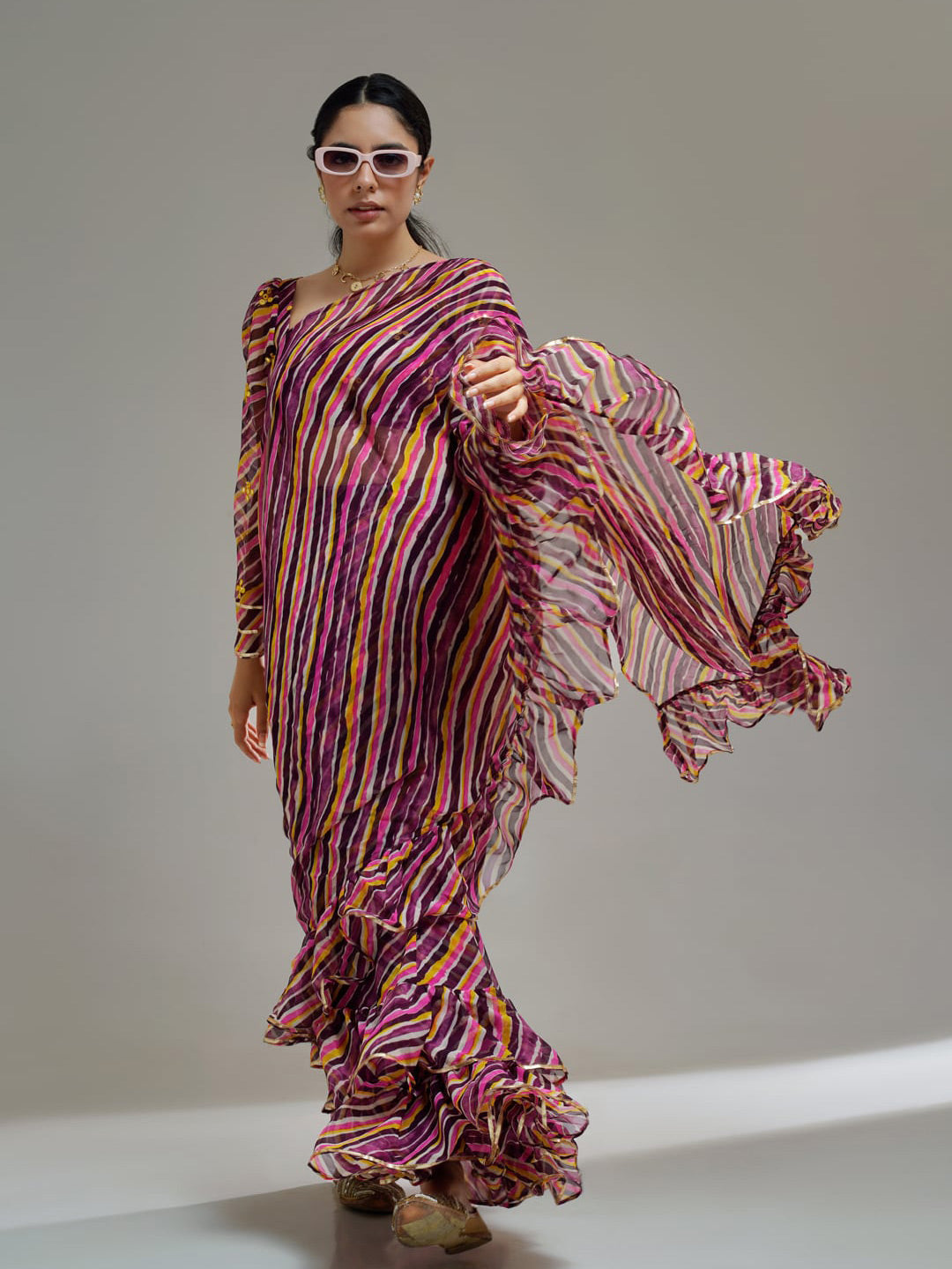 Tikhi Imli Brown Striped Ruffled Ready To Wear Saree | Swadesiicart
