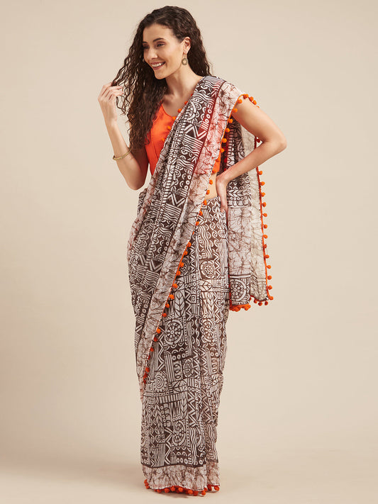 Tikhi Imli Brown & White Poly Georgette Printed Saree | Swadesiicart