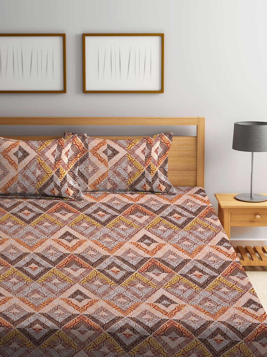 BOMBAY DYEING Epigram Brown & Yellow Ethnic Cotton 120 TC Queen Bedsheet & Pillow Covers - Swadesiicart
