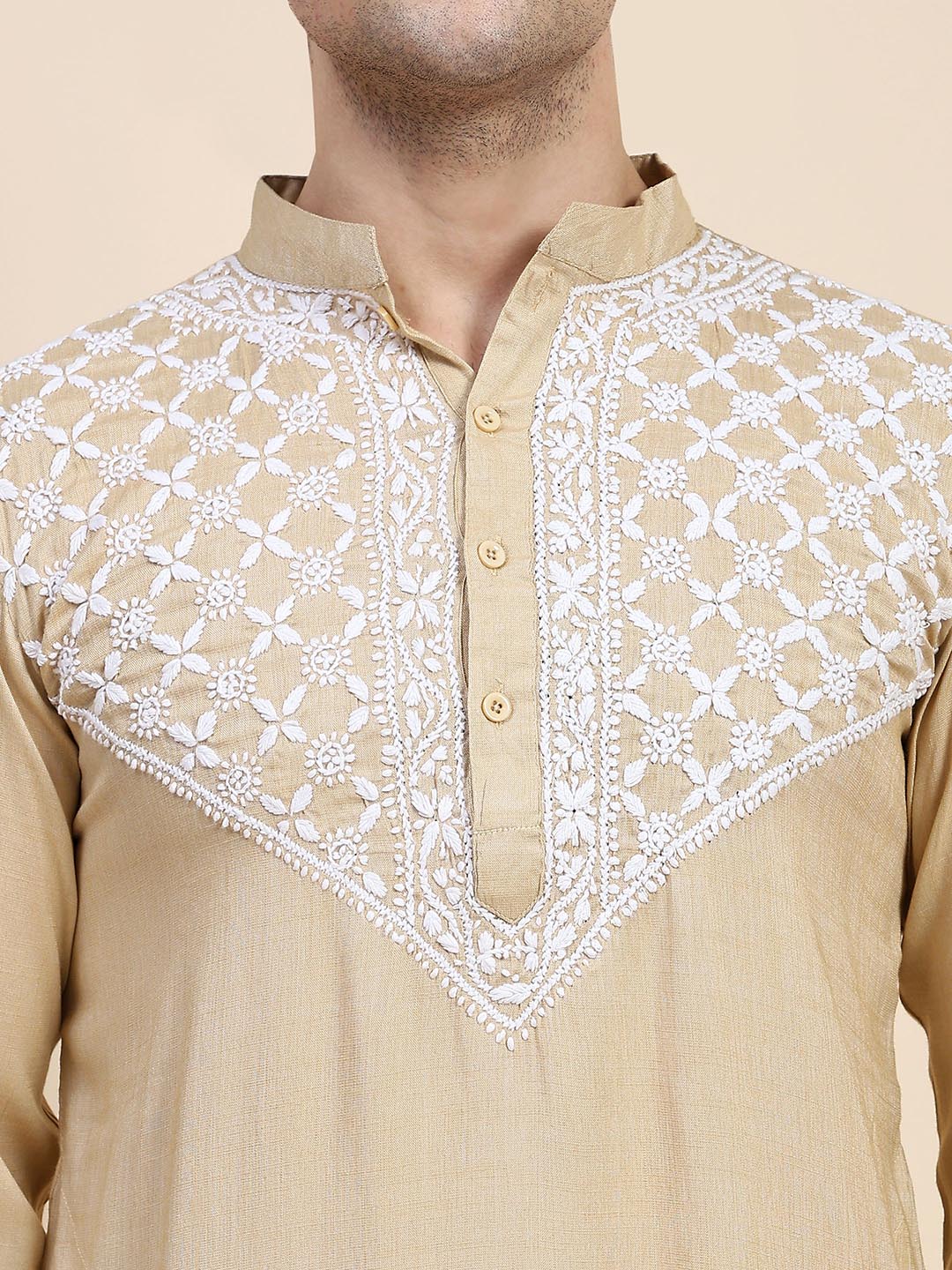 HOUSE OF KARI Ethnic Motifs Yoke Design Mandarin Collar Chikankari Pure Cotton Kurta | Swadesiicart