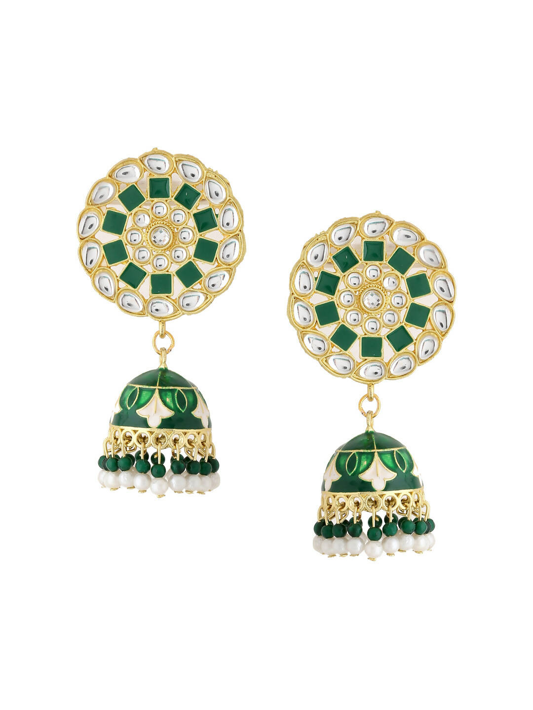 NVR Women Gold-Polished Green Dome Shaped Meenkari Jhumkas Earrings | Swadesiicart