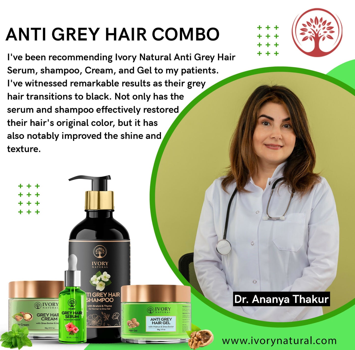 Ivory Natural Grey Hair Advanced Combo (Serum, Shampoo, Cream & Gel) For Both Men & Women | Swadesiicart