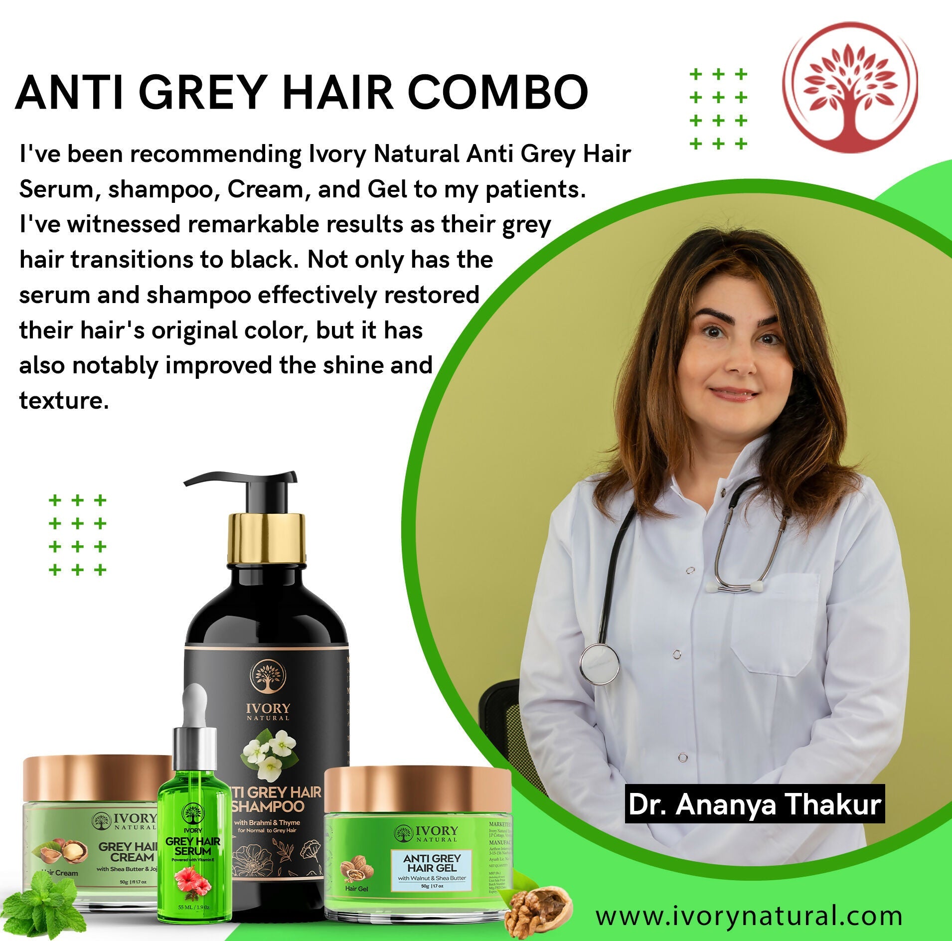 Ivory Natural Grey Hair Advanced Combo (Serum, Shampoo, Cream & Gel) For Both Men & Women | Swadesiicart