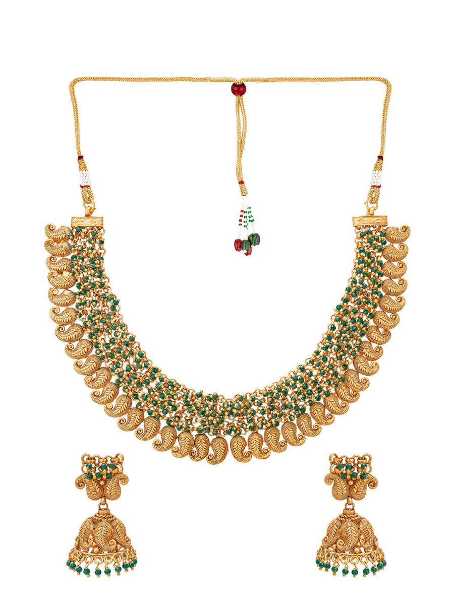Aadita Gold-Polished Green Pearls Beaded Choker Jewellery Set | Swadesiicart