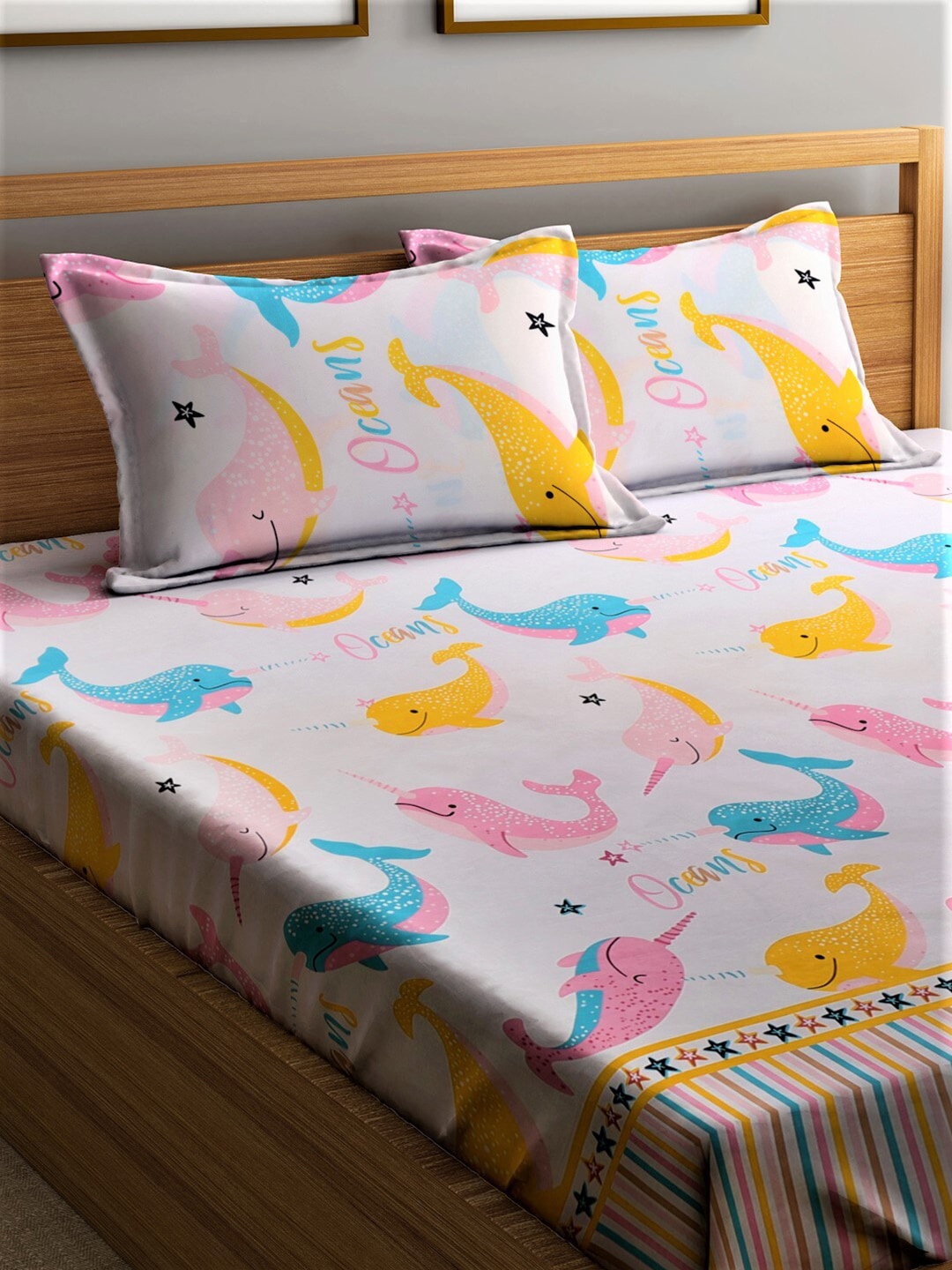 Home Sizzler Pink & Blue Cartoon 210 TC Cotton Bedsheet with Pillow Covers - Swadesiicart