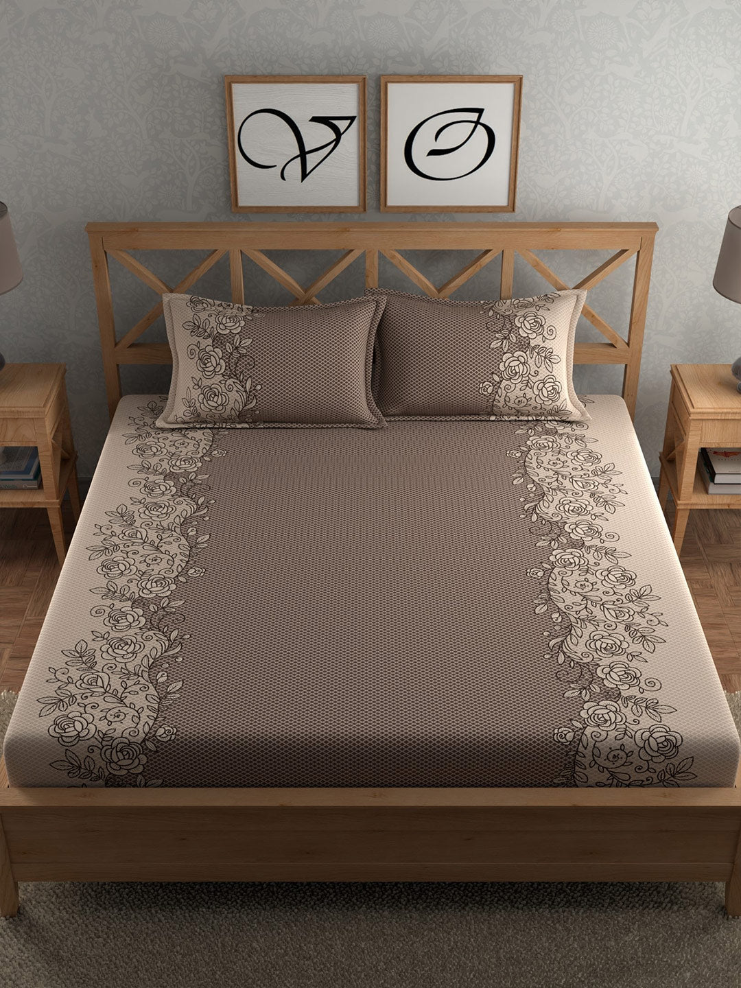 CHHAVI INDIA Brown Ethnic Motifs Cotton 210 TC King Bedsheet with 2 Pillow Covers - Swadesiicart