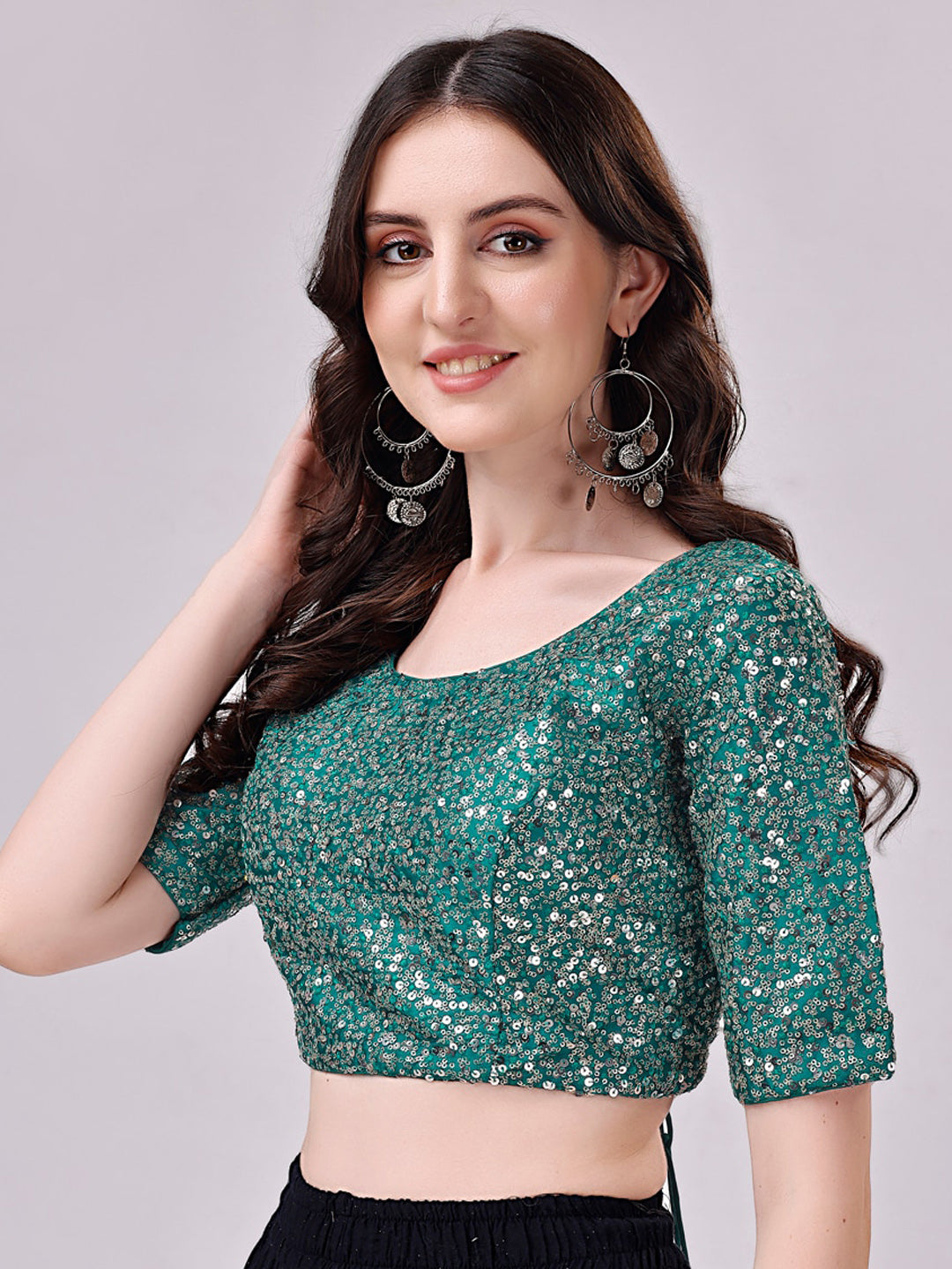 Tikhi Imli Teal Blue Embellished Sequinned Detailed Saree Blouse | Swadesiicart