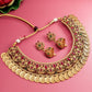 Aadita Gold-Polished Green & Pink Stone-Studded & Pearl Beaded Jewellery Set