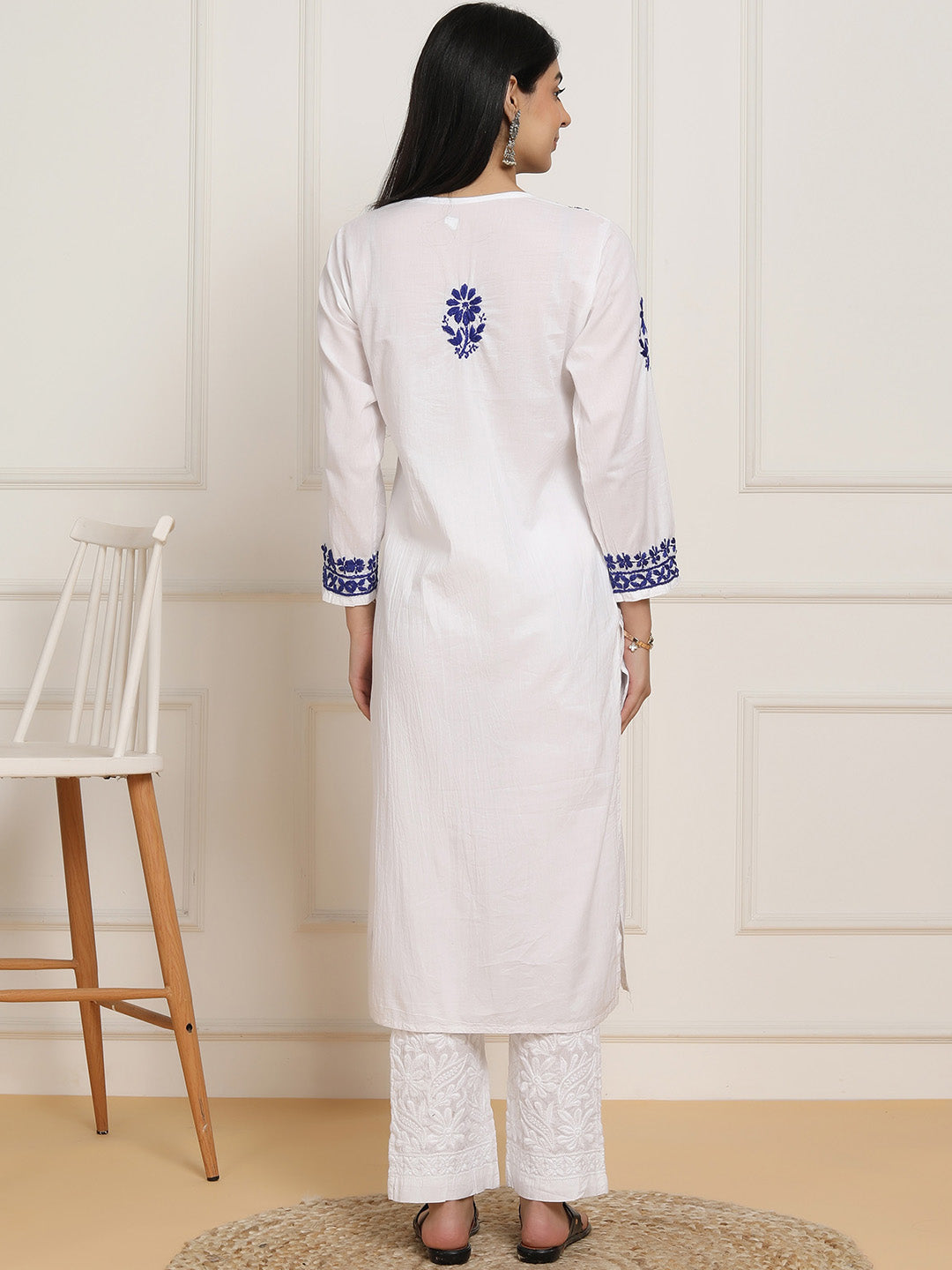 HOUSE OF KARI Women Ethnic Motifs Embroidered Regular Chikankari Pure Cotton Kurta with Trousers | Swadesiicart