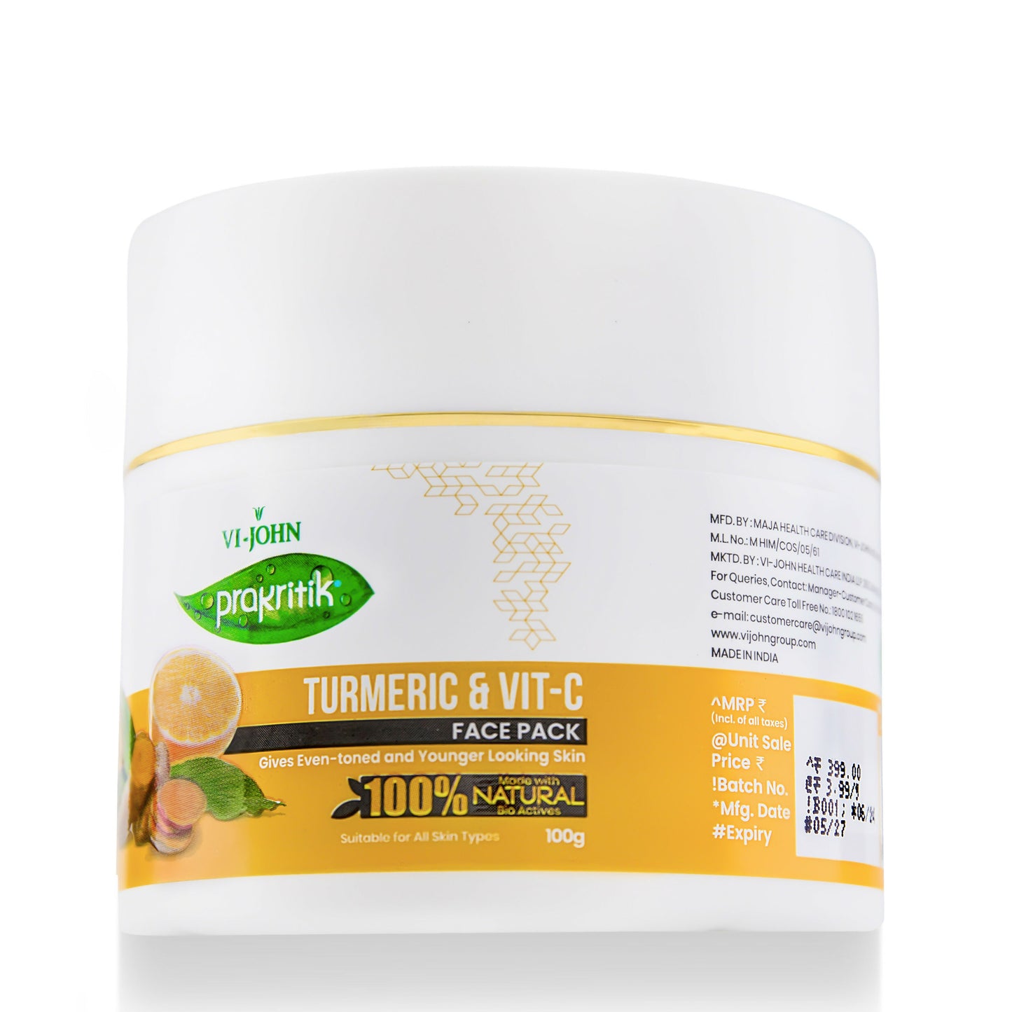VI-JOHN Prakritik Vitamin C & Turmeric Face Pack Fades Dark Spots, 100% Natural Bio Actives | Swadesiicart