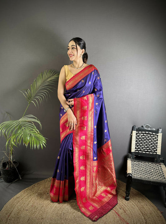 Joban Fashion Navy Blue Banarasi Soft Silk Woven Butti Saree | Swadesiicart