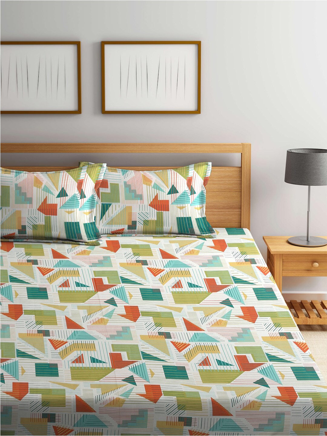 BOMBAY DYEING Serenita Yellow Geometric Cotton 144 TC King Bedsheet & 2 Pillow Covers - Swadesiicart