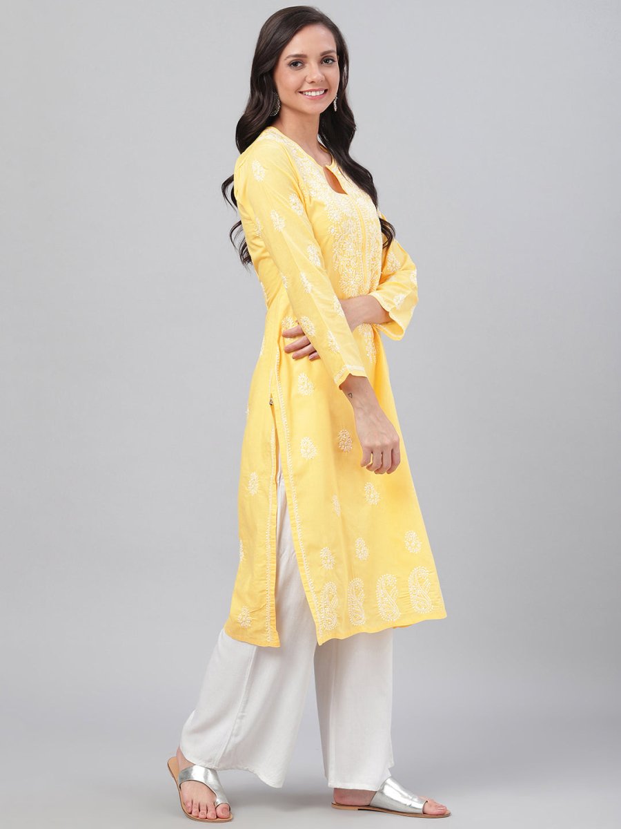 ADA Women Yellow & White Chikankari Hand-Embroidered Straight Kurta | Swadesiicart