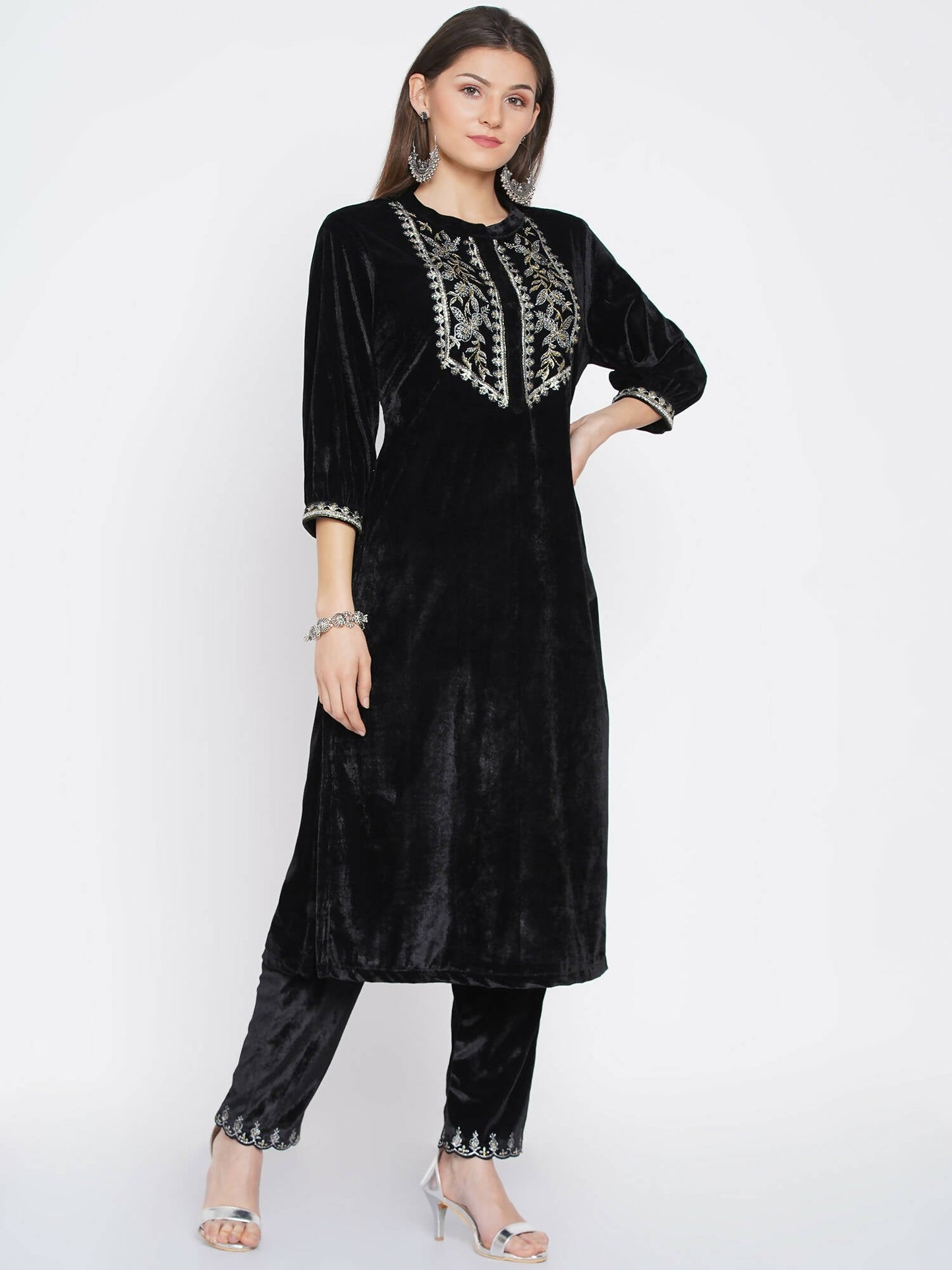Women Republic Black Velvet Embroidered Kurta With Pants | Swadesiicart
