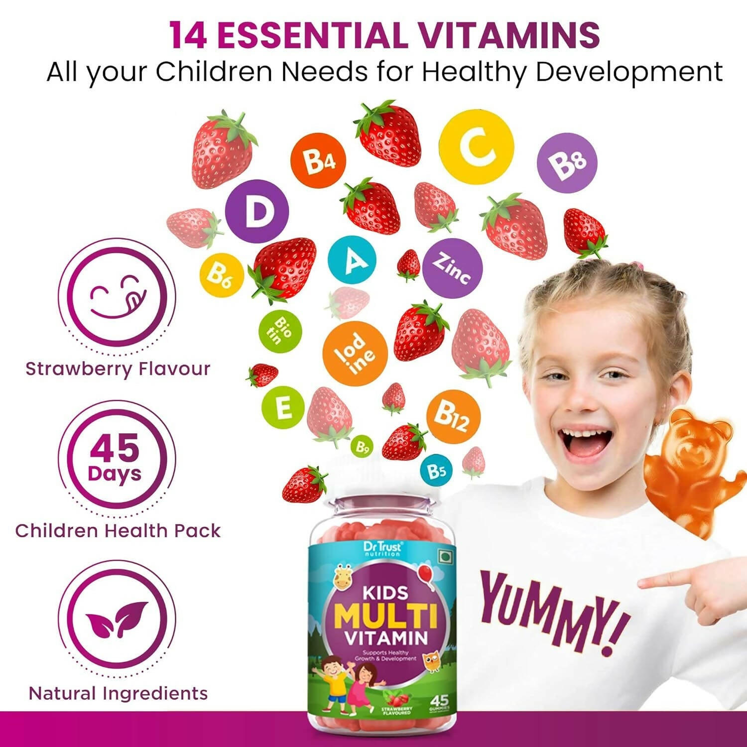 Dr Trust Nutrition Kids Multivitamin Gummies - Strawberry Flavor - Swadesiicart