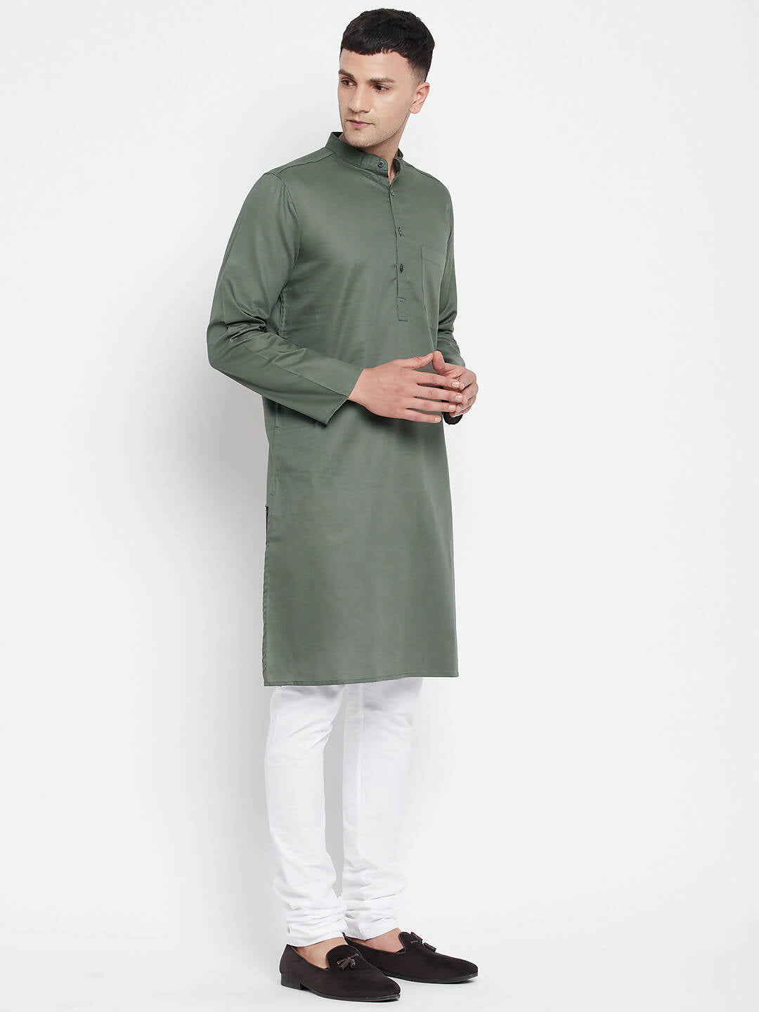 Even Apparels Green Color Linen Men's Kurta With Band Collar | Swadesiicart