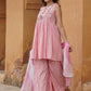 Kalini Geometric Printed Tie-Up Neck Thread Work A-Line Kurta with Sharara & Dupatta | Swadesiicart