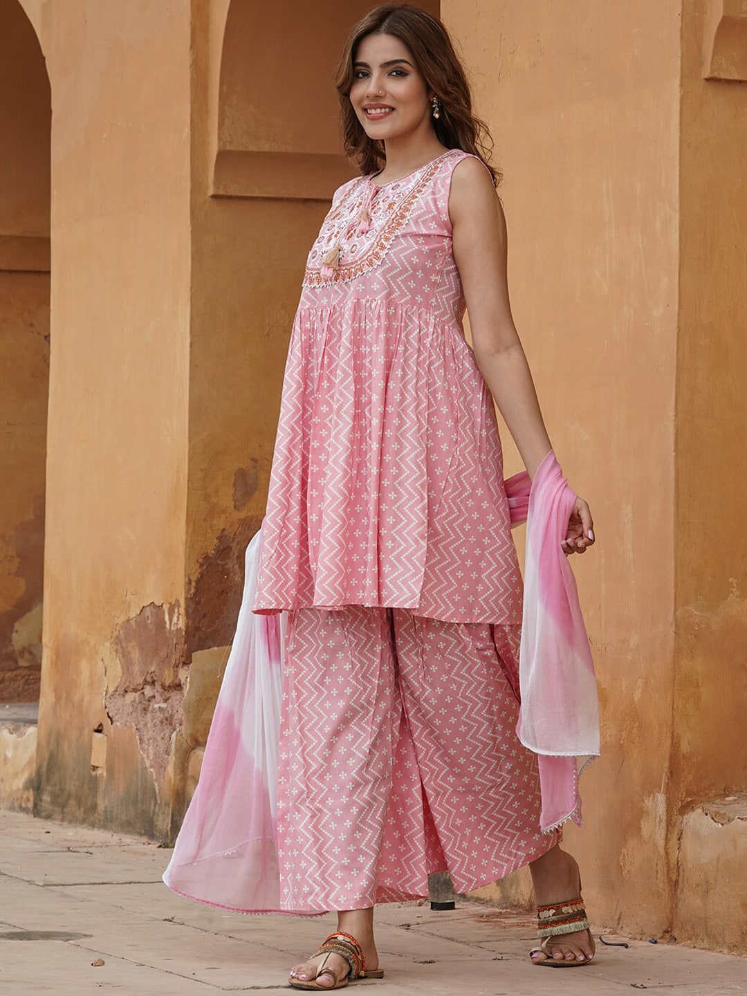 Kalini Geometric Printed Tie-Up Neck Thread Work A-Line Kurta with Sharara & Dupatta | Swadesiicart