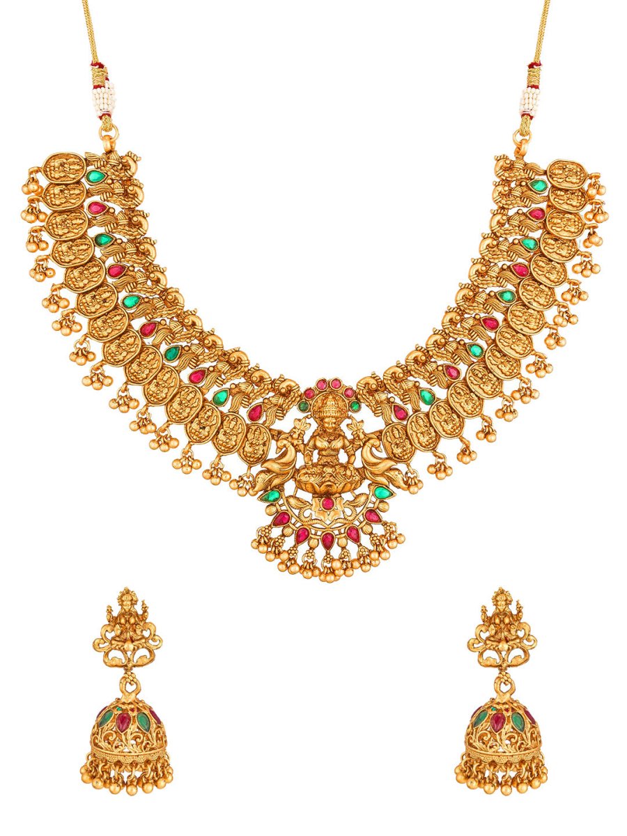 Aadita Gold-Toned Red & Green Stone-Studded Temple Jewelry Set - Swadesiicart