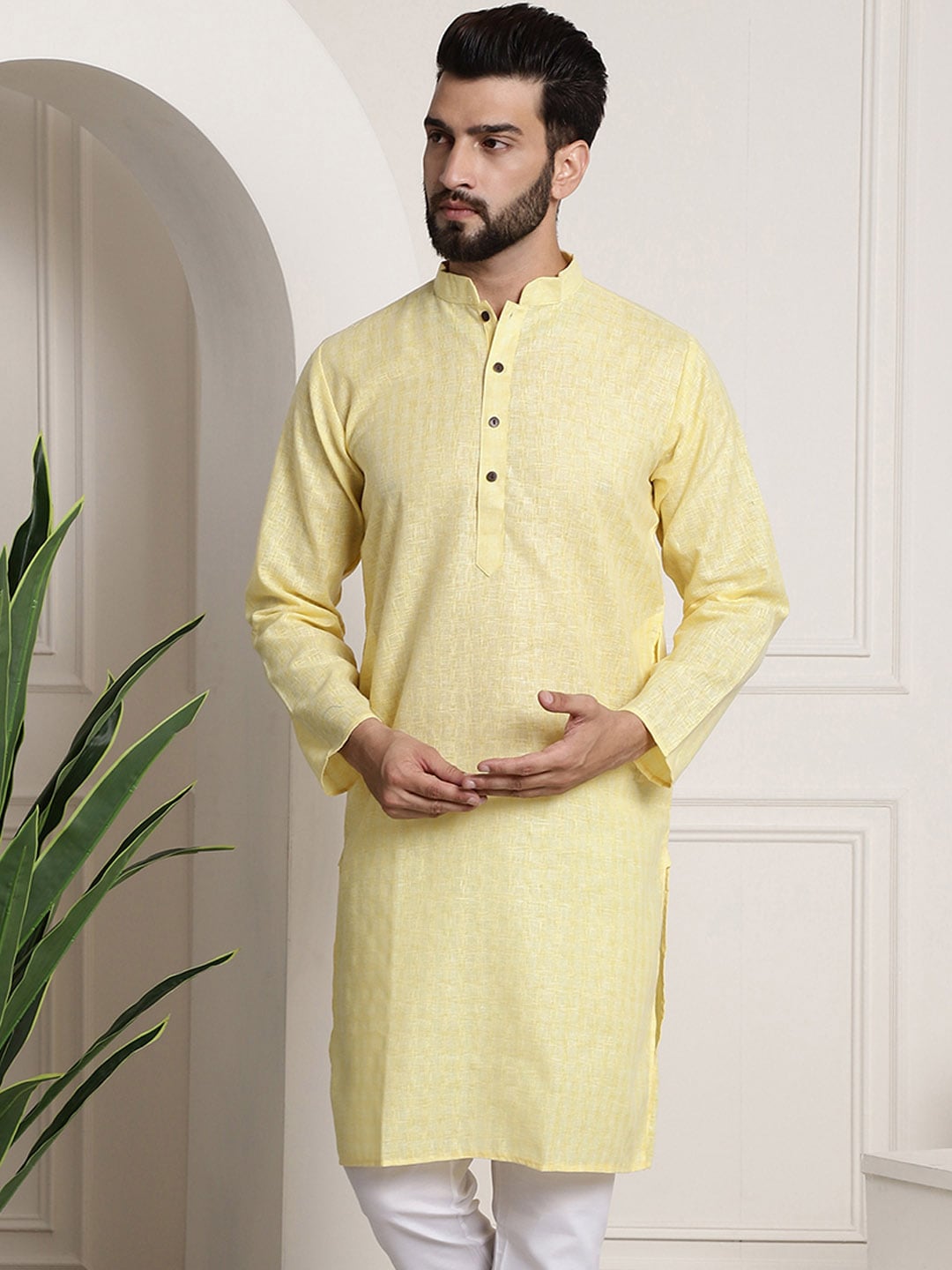 Sojanya Men Yellow Dobby Self-Checked Straight Kurta | Swadesiicart