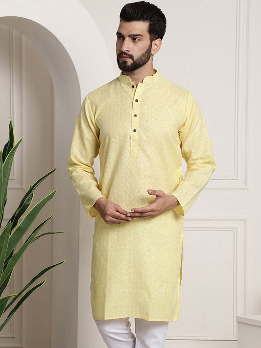 Sojanya Men Yellow Dobby Self-Checked Straight Kurta | Swadesiicart