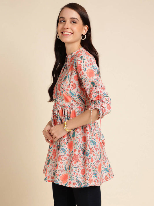 Orange Poly Rayon Digital Printed A-line Top - Tarini - Swadesiicart